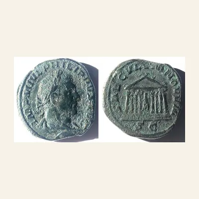 Reverse, of the sestertius, for RARE Philip I AE Sestertius, Rome, Ca. 248 AD. SAECVLVM NOVVM S-C., mint of Rome, 248 AD