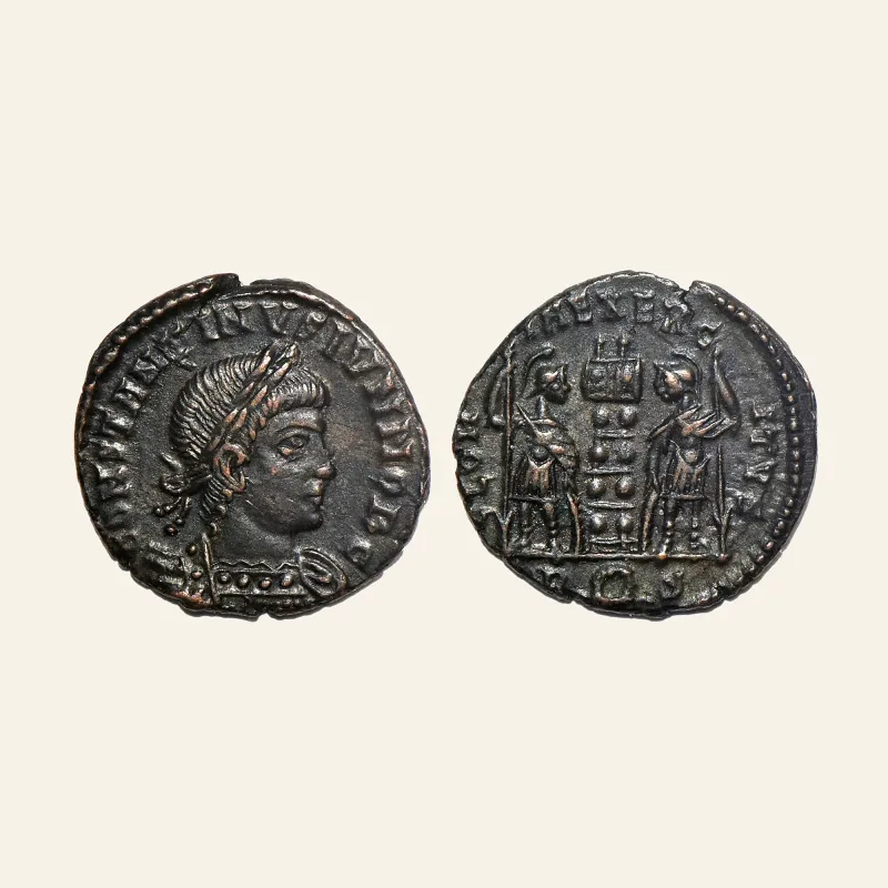Obverse, of the follis, for CONSTANTINE II (Caesar, 316-337). follis. Rome. Scarce, mint of Rome, 316-337