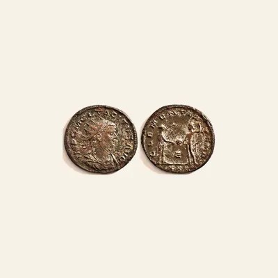 Reverse, of the antoninianus, for Tacitus AE Antoninianus. Antioch mint. CLEMENTIA TEMP, mint of Antioch