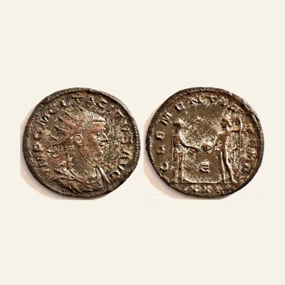 Reverse, of the antoninianus, for Tacitus AE Antoninianus. Antioch mint. CLEMENTIA TEMP, mint of Antioch