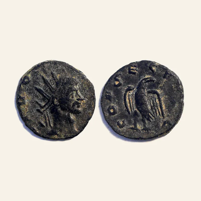 Obverse, of the antoninianus, for CLAUDIUS II GOTHICUS, 268-270 AD. Antoninian. DIVO CLAUDIO. / CONSECRATIO., mint of Rome...