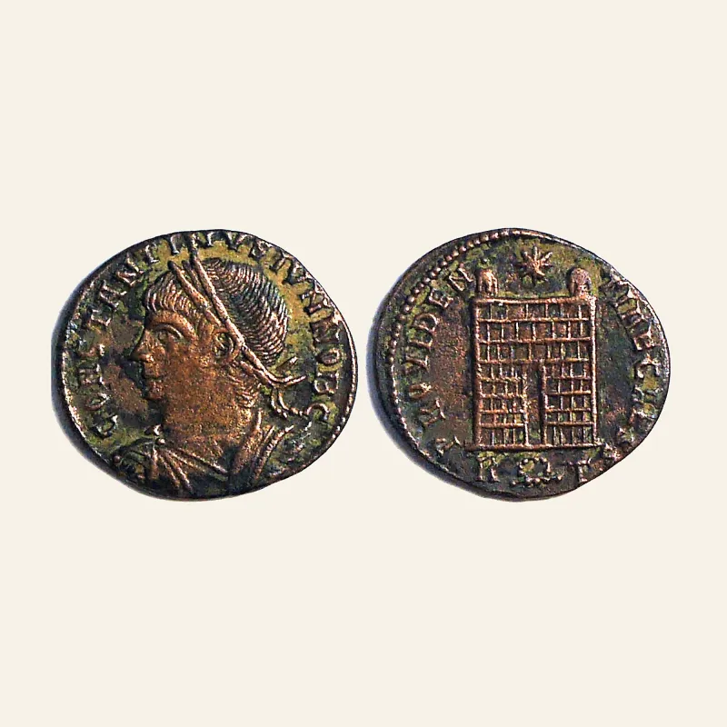 Obverse, for Constantine II Caesar AE3 PROVIDENTIAE CAESS Campgate, mint of Rome, 327 AD