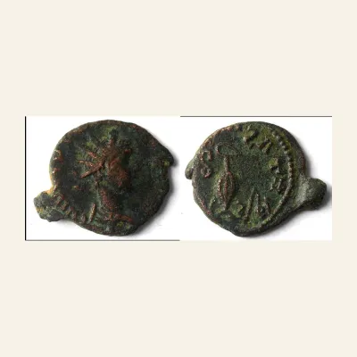 Reverse, of the antoninianus, for Unofficial imitation of Tetricus II antoninianus pontificate implements.