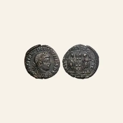 Reverse, for Constantine II. Billon centenionalis, Nicomedia - PROVIDENTIAE CAESS /MNΓ. Campgate, mint of Rome, 337-340