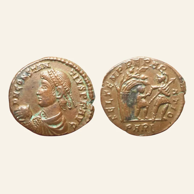 Obverse, of the follis, for Constantius II, Arles, AE follis RARE R2
