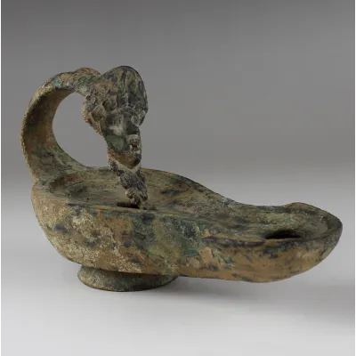 Reverse, for Roman — Oil lamp with theatre mask handle — 1st Century A.D, 1st Century A.D