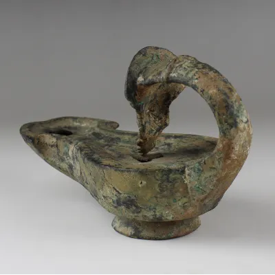 Reverse, for Roman — Oil lamp with theatre mask handle — 1st Century A.D, 1st Century A.D