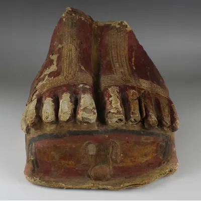 Obverse, for Egyptian, Ptolemaic — Painted cartonnage foot from a mummy sarcophagus and loose fragments — 3rd - 1st Century...