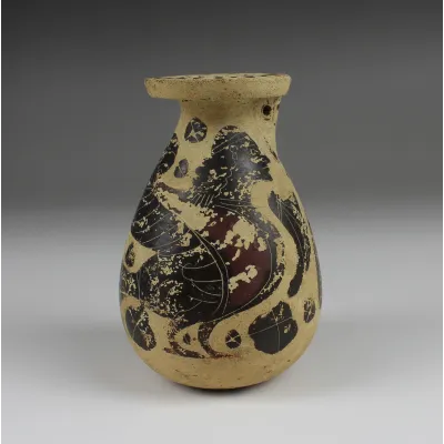 Obverse, for Greek, Etrusco – Corinthian — Alabastron with sphinx and swan — 6th Century B.C, 6th Century B.C