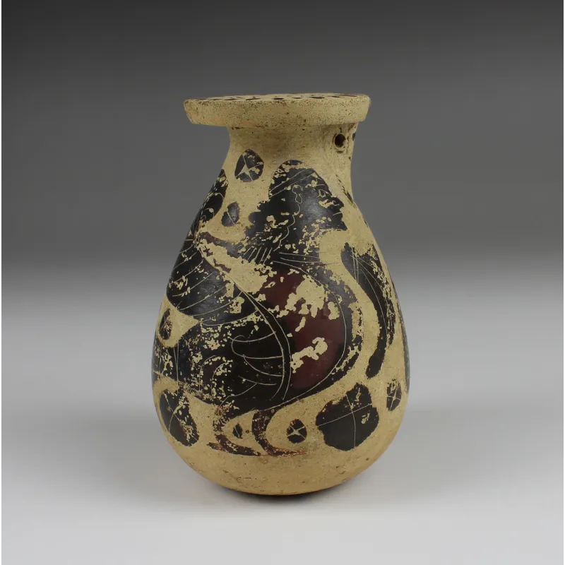Obverse, for Greek, Etrusco – Corinthian — Alabastron with sphinx and swan — 6th Century B.C, 6th Century B.C