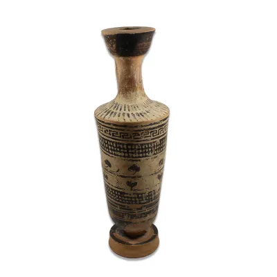 Obverse, for Greek, Attic — Lekythos white ground and black-figure. Meander, bands of grid and a double ivy-tendril — 5th...