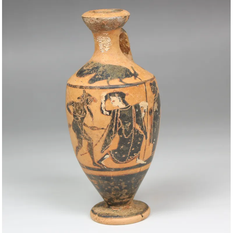 Obverse, for Greek — Lekythos, Cock Group, depicting mincing satyr and maenad between two draped youths — 510 - 500 B.C, 510...