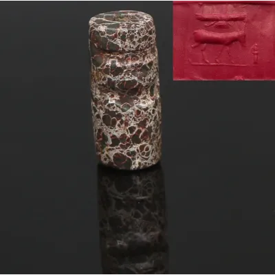 Obverse, for Iron Age, Achaemenid Empire — Cylinder seal depicting horse or donkey held by the god Ahuramazda — 550 - 330...