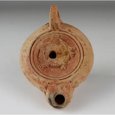 Obverse, for Roman — Factory oil lamp with a lion and a crocodile, Type Bussière D II 1 — 1st - 3rd Century A.D, 1st - 3rd...