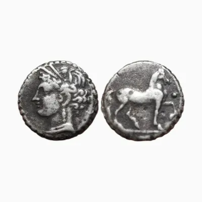 Zeugitane, Carthage, double-shekel réduit en billon à bord dentelé (Tanit / cheval) - 003372