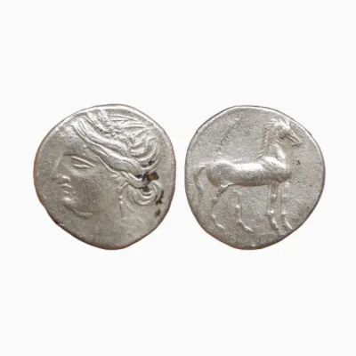 Carthage (Zeugitane) — Quart de shekel d'argent, tête de Tanit / cheval debout - 003382