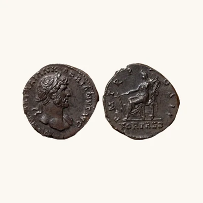 Denier d'Hadrien — FORT RED Fortuna assise gouvernail corne — Rome 118 — RIC II.3 114 — Certificat d'authenticité - vue 1